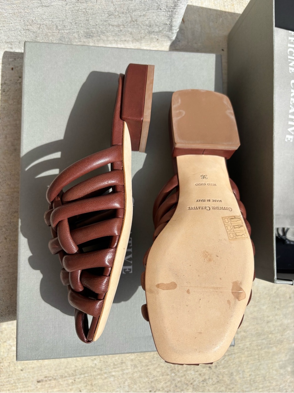 Officine Creative - Italian Brown Woven Leather Slide Sandals - New in Box - Picture 5 of 9